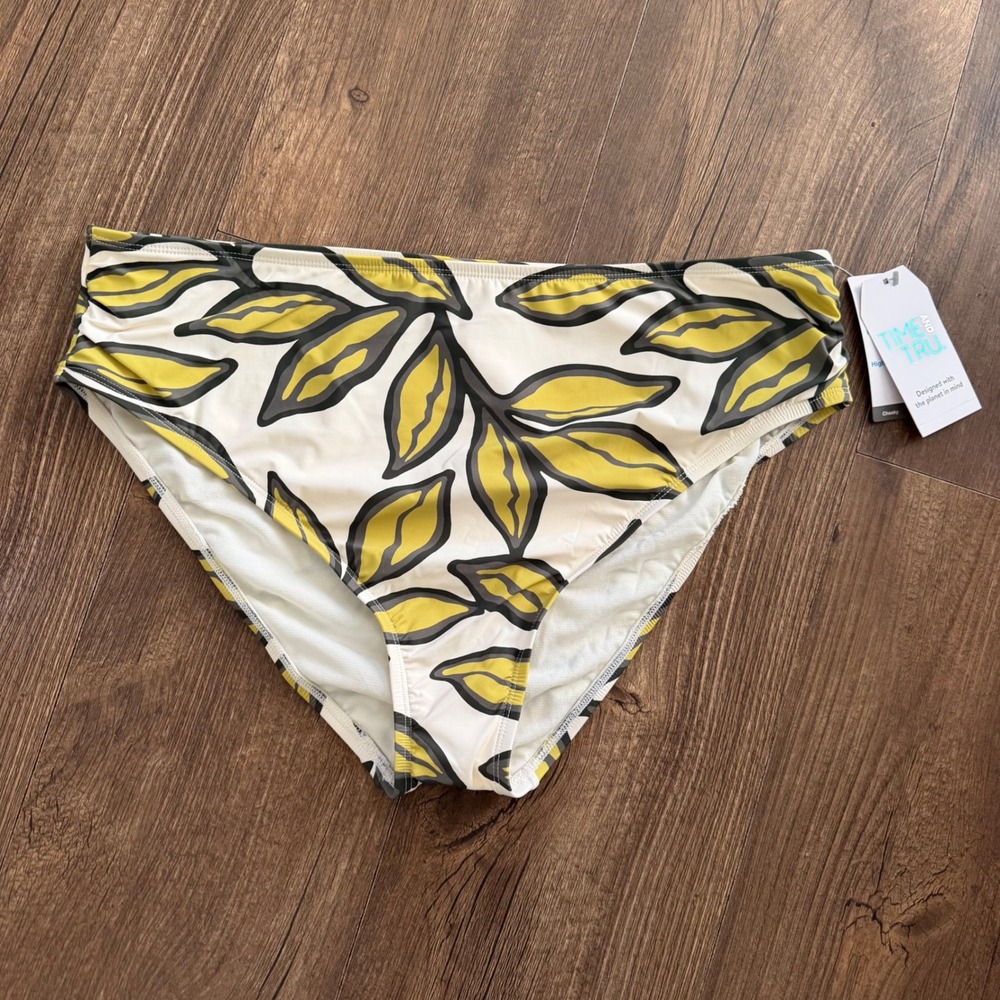 Time and Tru Bikini Bottom Women XL 16-18 White Green Leaf High Rise Cheeky NWT